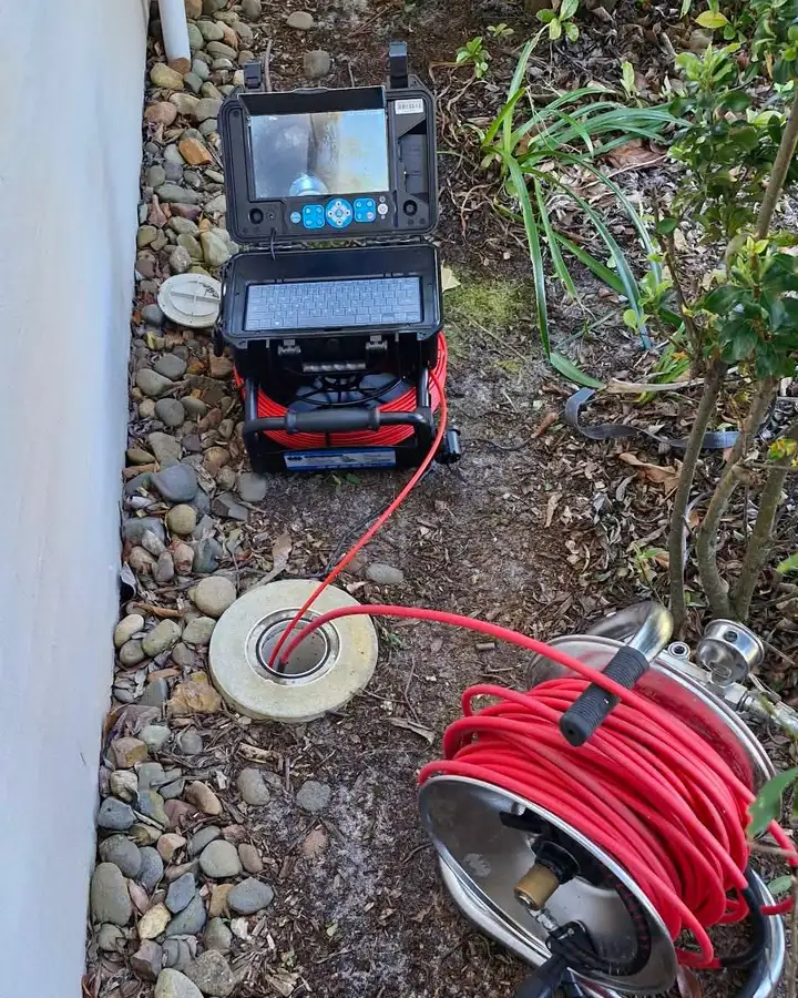 Our drain camera set up beside a house: the screen and keyboard case open on the ground, its red cable reel feeding the camera down an inspection opening