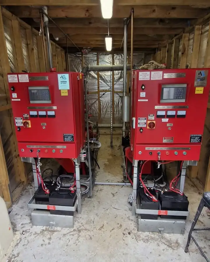 The two red pump controllers in the same pump room, each with a display panel and its own batteries on a stand below