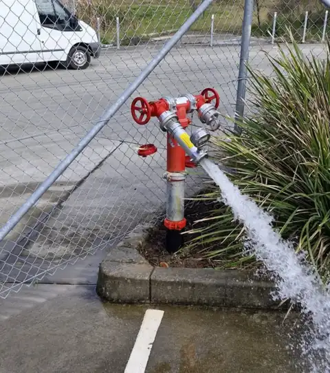 A twin-outlet hydrant flowing water through a chain-link fence