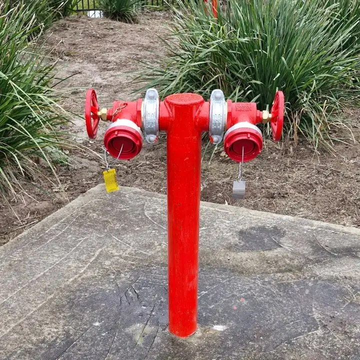 A twin-outlet hydrant on a concrete pad with a yellow tag
