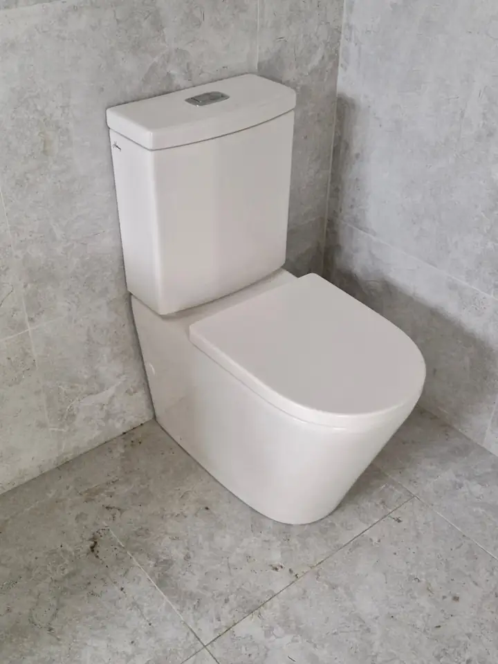 A back-to-wall toilet in a tiled bathroom